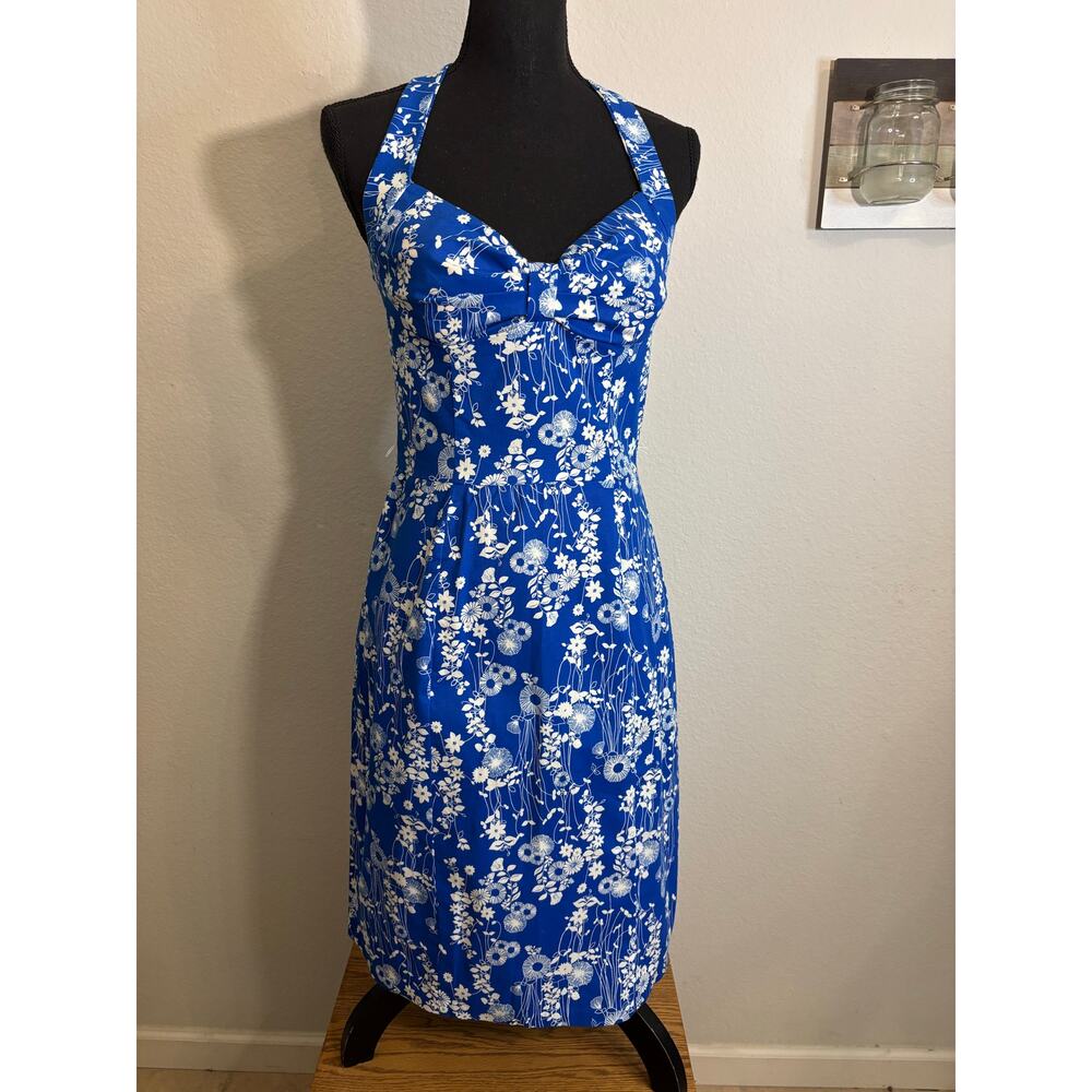 RUBY ROX Sz 11 Halter Dress Floral Midi Rockabilly PinUp Y2K Cobalt&Wildflower